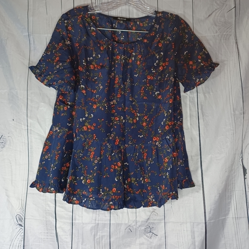 Madewell Silk Stanza Ruffle-Hem Top In Moonless Floral